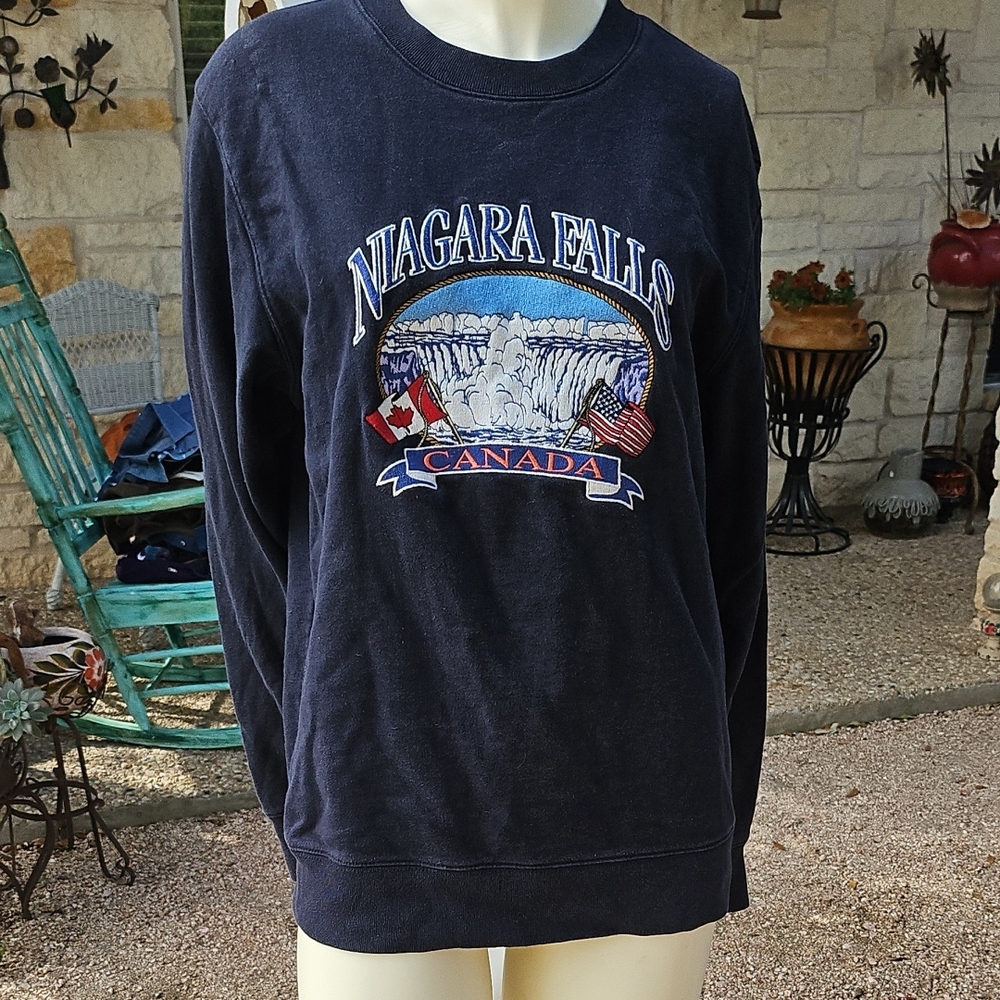 John Galt Brandy Melville Black Lge Sweatshirt Pullover NIAGRA FALLS Embroidery